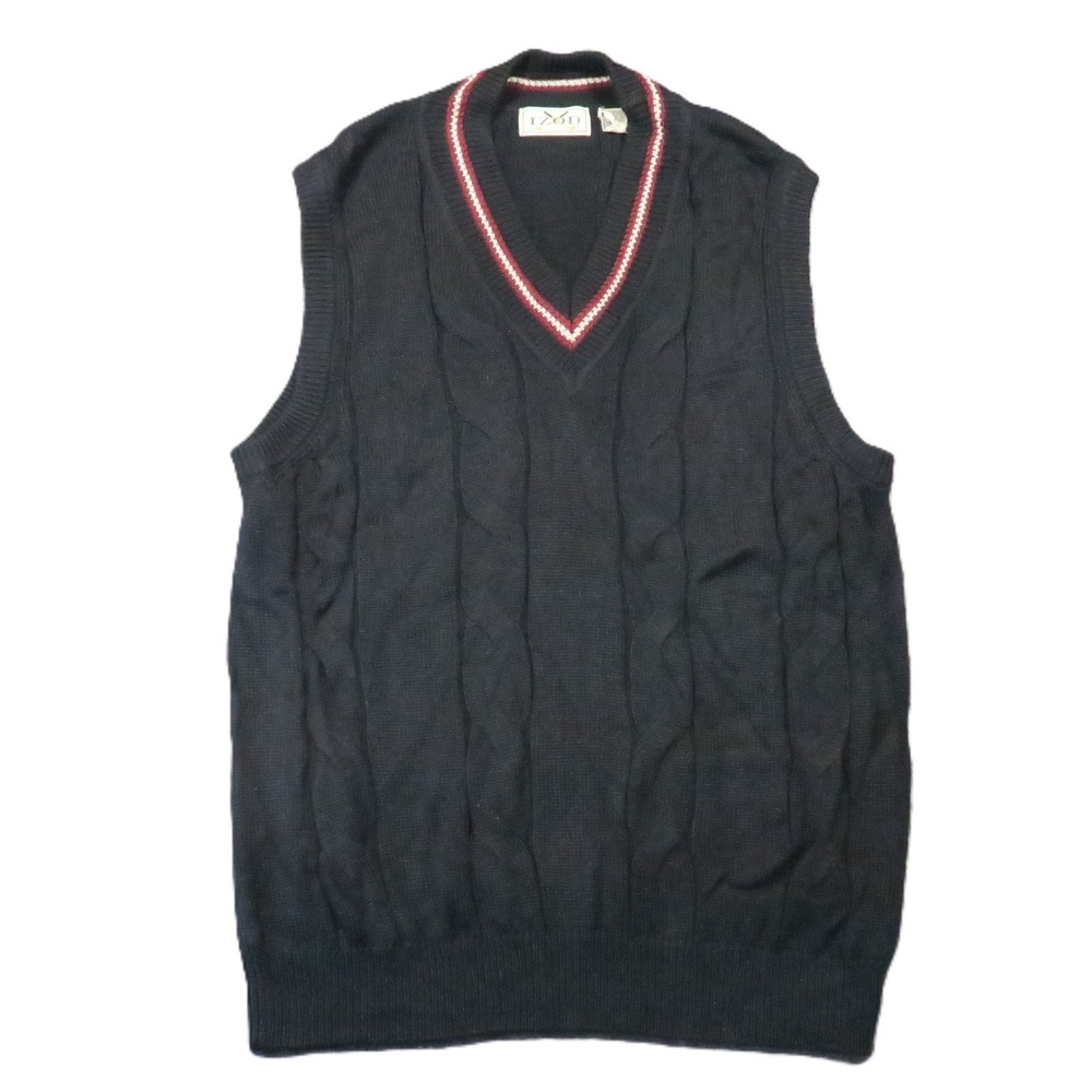 Izod Cable Knit Golf Sweater Vest L Black V-Neck Striped Trim Preppy Vintage 90s